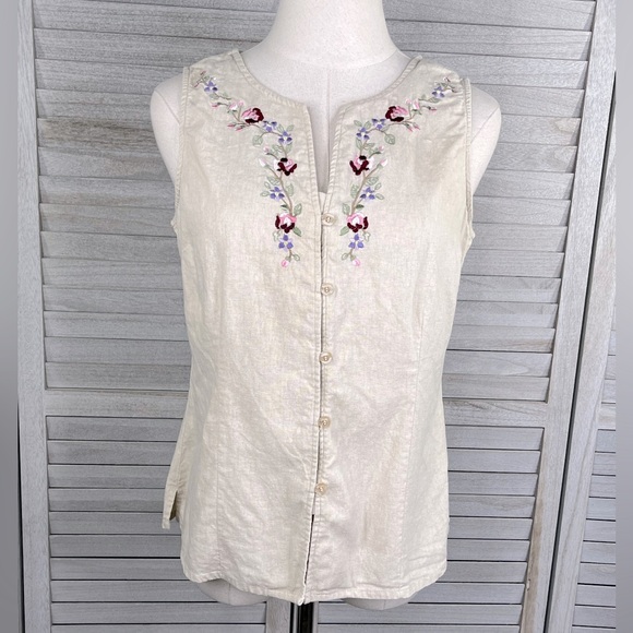 JAY DAY- Vintage Linen Blend Capris/Tank Top Set Embroidered Beige-Medium - Picture 2 of 5